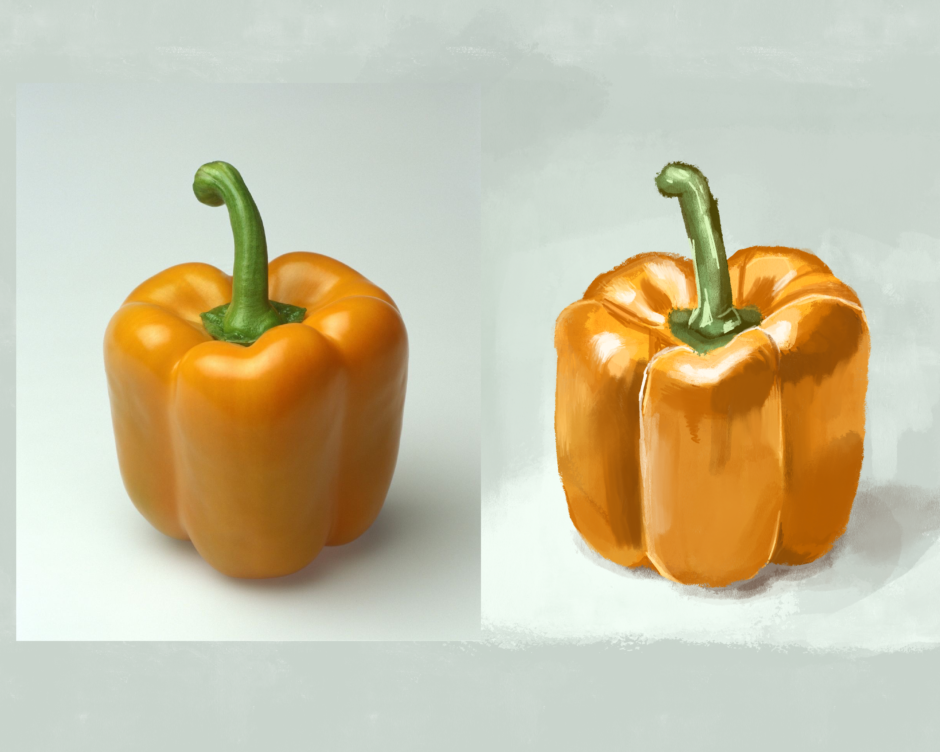 Digital still life of an orange bell pepper on a neutral background with emphasis on shape and color.